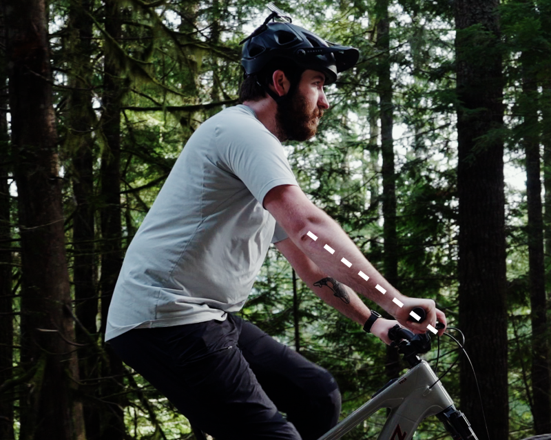 Set your mountain bike controls at an angle with minimal bend in the wrist.