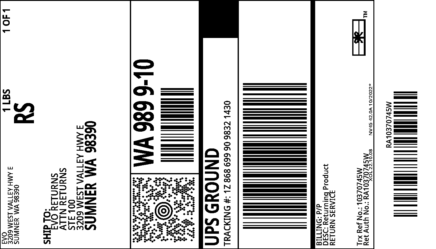 evo Returns UPS Electronic Return Label View/Print Label